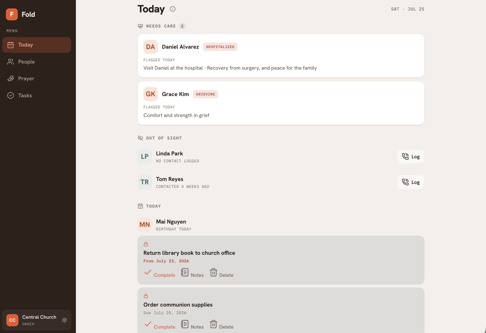 The Today screen in Fold, showing who needs care, who's out of sight, and what's due today